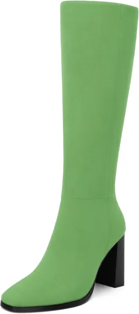 Womens High Heeled Knee High Boots, Square Toe Chunky Heel Knee-high Boots for Women, Fashion Dress Boots Zipper 3.5"