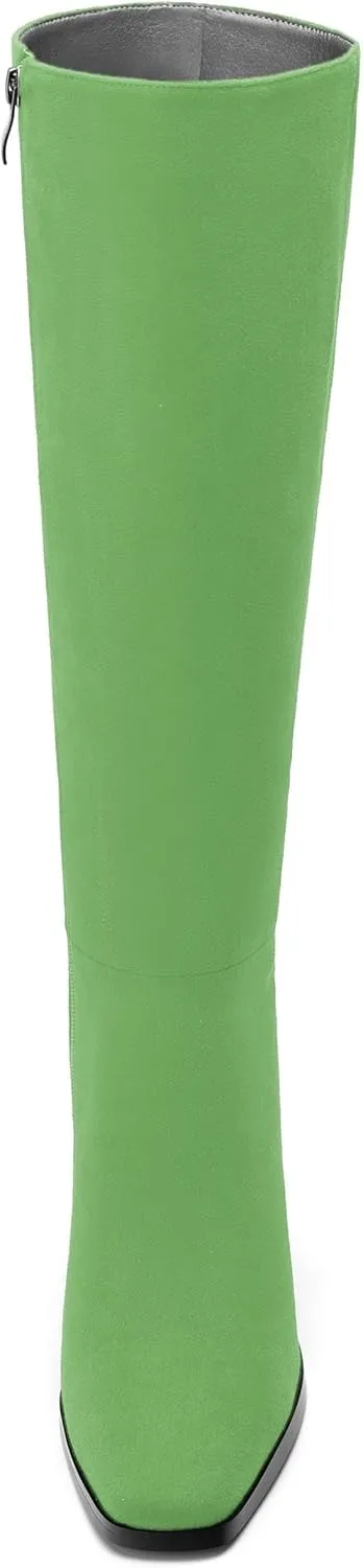 Womens High Heeled Knee High Boots, Square Toe Chunky Heel Knee-high Boots for Women, Fashion Dress Boots Zipper 3.5"