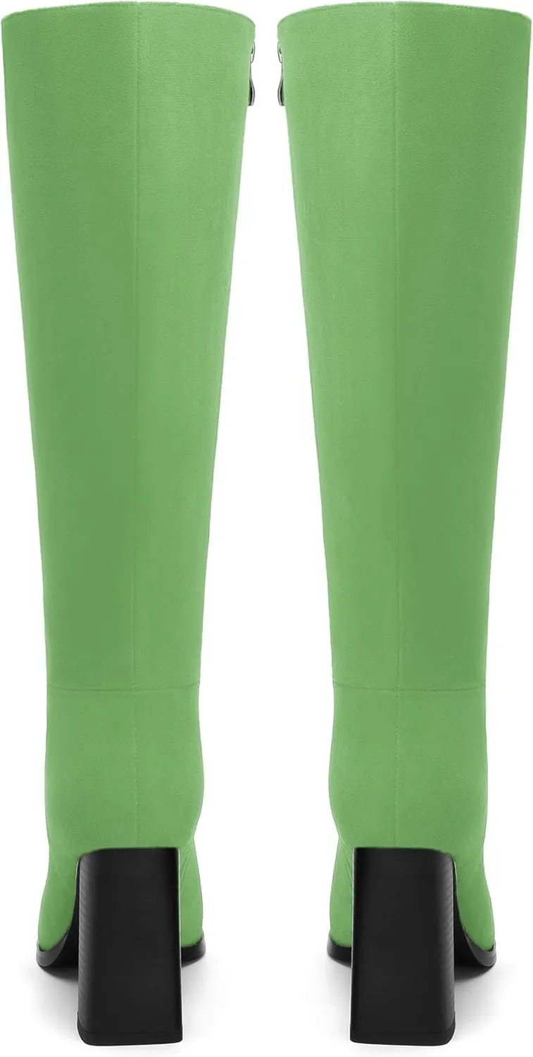 Womens High Heeled Knee High Boots, Square Toe Chunky Heel Knee-high Boots for Women, Fashion Dress Boots Zipper 3.5"