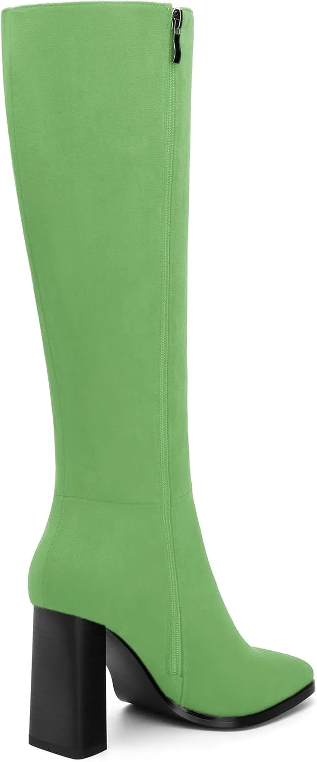 Womens High Heeled Knee High Boots, Square Toe Chunky Heel Knee-high Boots for Women, Fashion Dress Boots Zipper 3.5"
