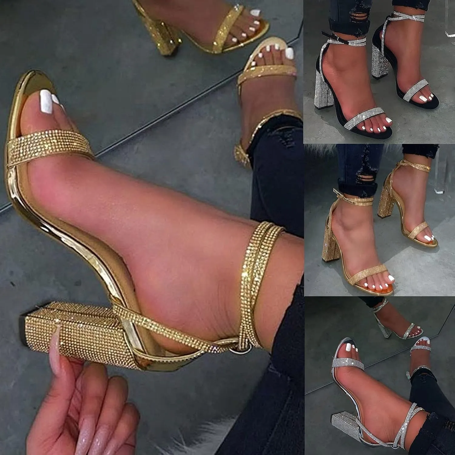Women's Rhinestone Strappy High Stiletto Heels Open Toe High Heels Slip on Heeled Sandals Date Party Dress Wedding Sexy Crystal Straps Heels Shoes