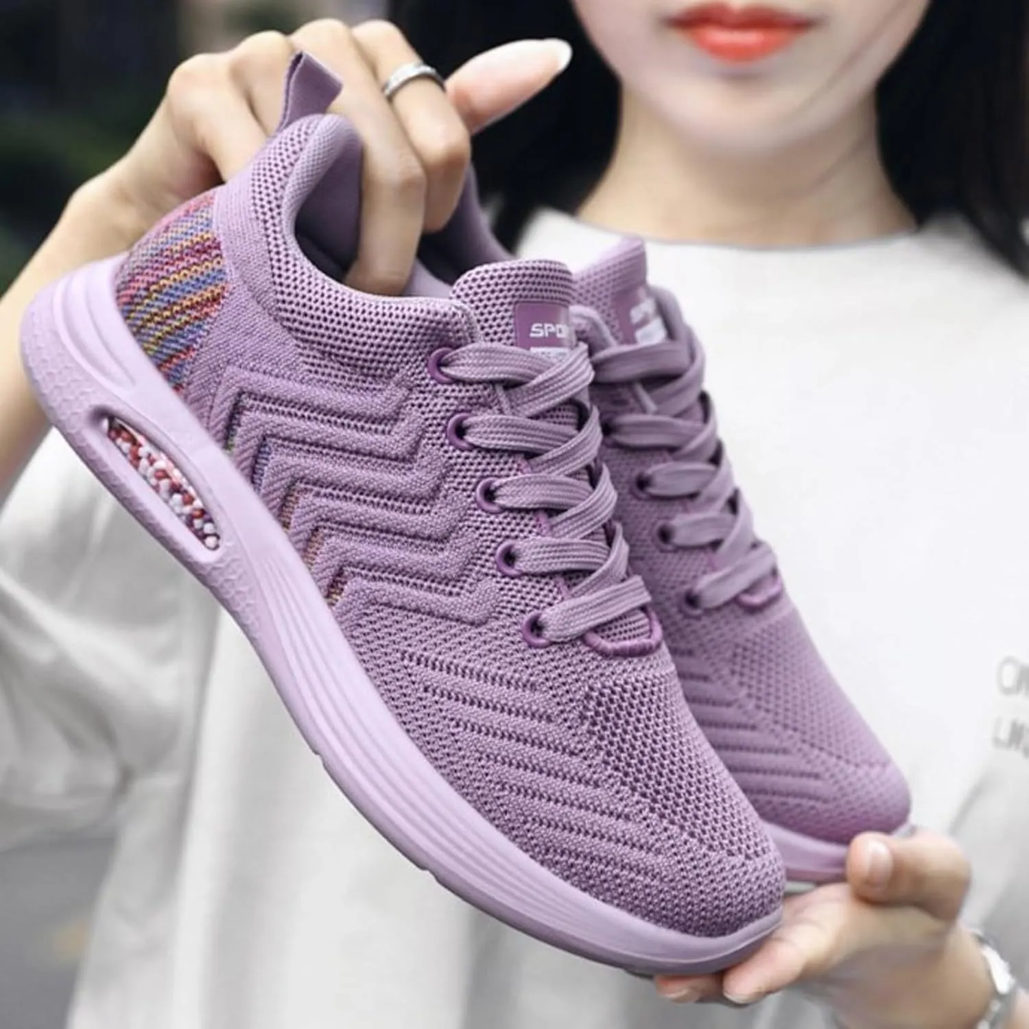 Womens Sneakers Running Shoes Anti-Slip Wear-Resistant Lacing Rounded Toe Mesh Breathable Walking Trainers